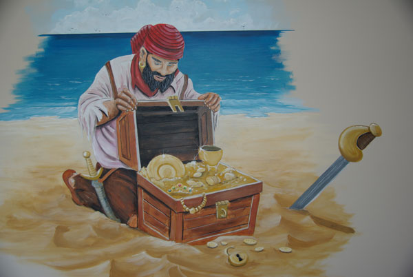 muurschildering piraat met schat