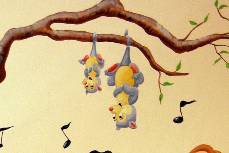 Muurschildering zeven dwergen maken muziek
